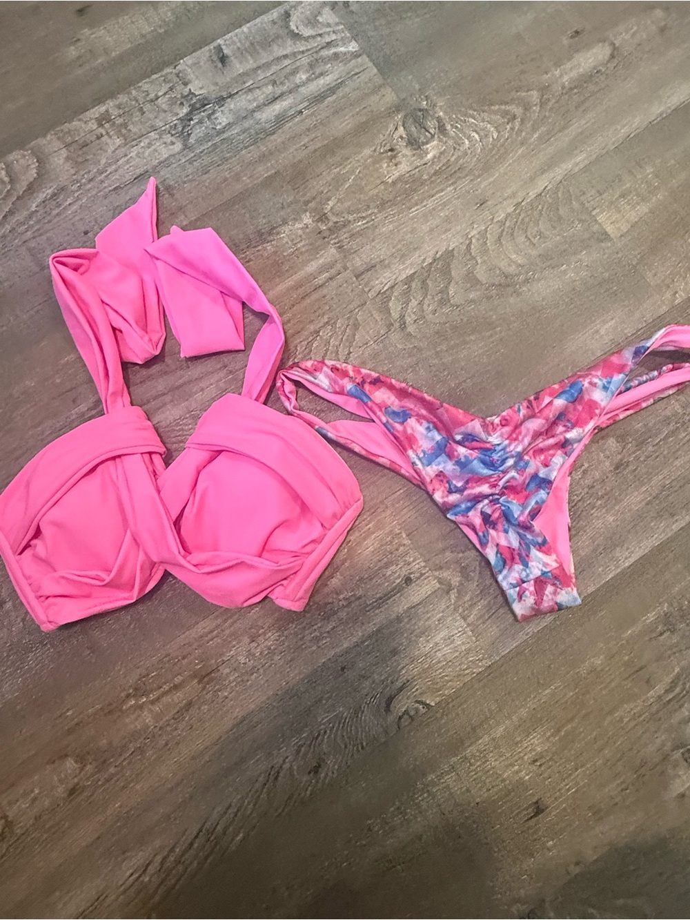 Women’s Hot Pink Two-Piece Swim Set - Vibrant Pink Top with Printed Pink Bottom